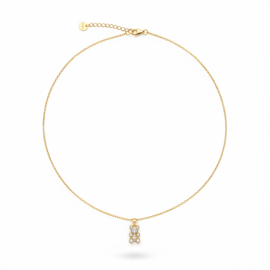 14K gold-plated necklace with a teddy bear pendant encrusted in white zirconia stones, 44cm chain with lobster clasp. fugugemz