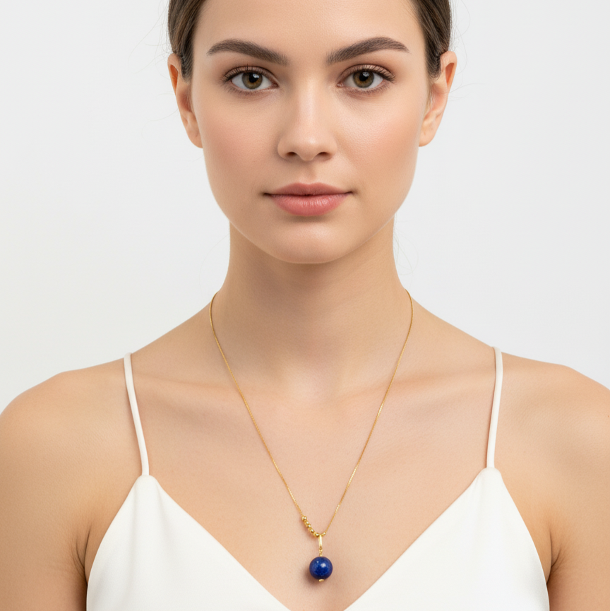 Woman wearing a gold necklace with a blue pendant on a white background