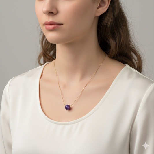 Woman wearing a necklace with a purple pendant against a neutral background