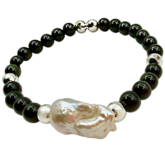 Image showing the full length of the obsidian and pearl beaded bracelet.
