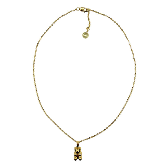 14k gold-plated teddy bear necklace on white background