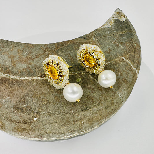 Flower drop earrings with 9.5mm cultured pearl, zirconia centre, and inlay on 925 sterling silver post