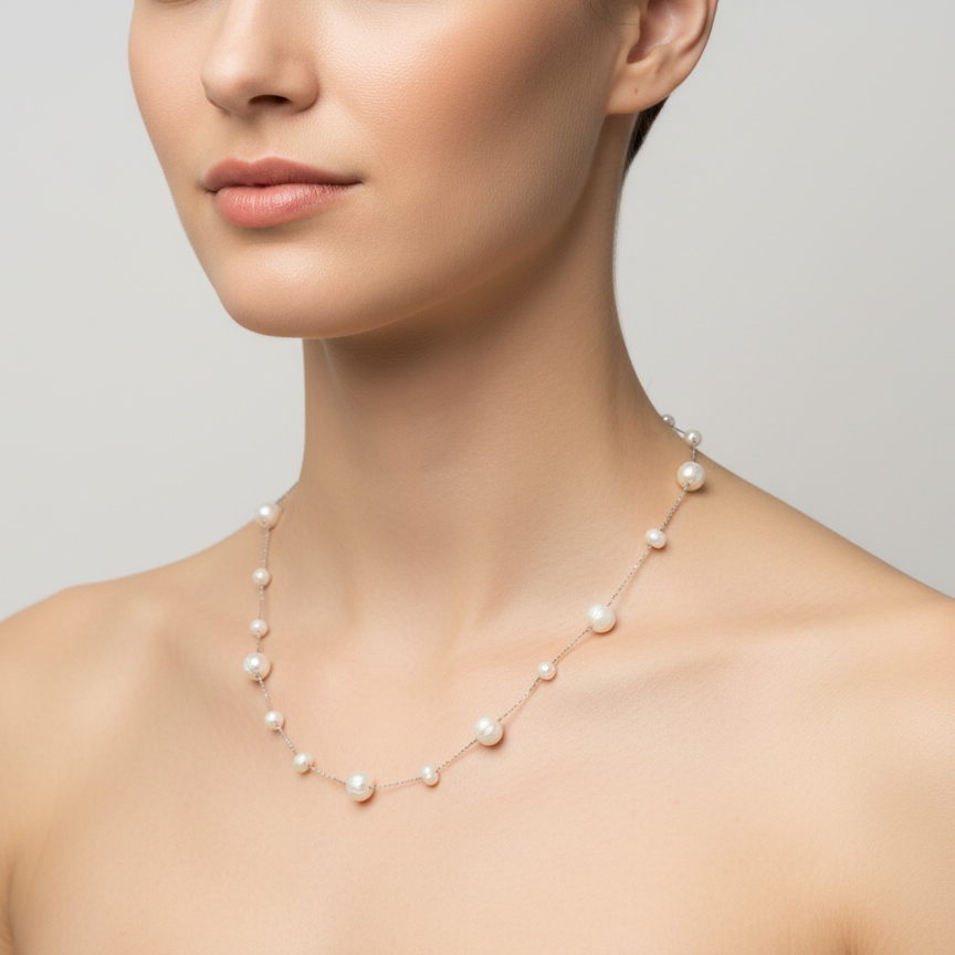 Pearl necklace worn by a model against a neutral background