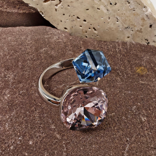 Brass ring with blue octagonal and pink cushion-cut Austrian Crystal