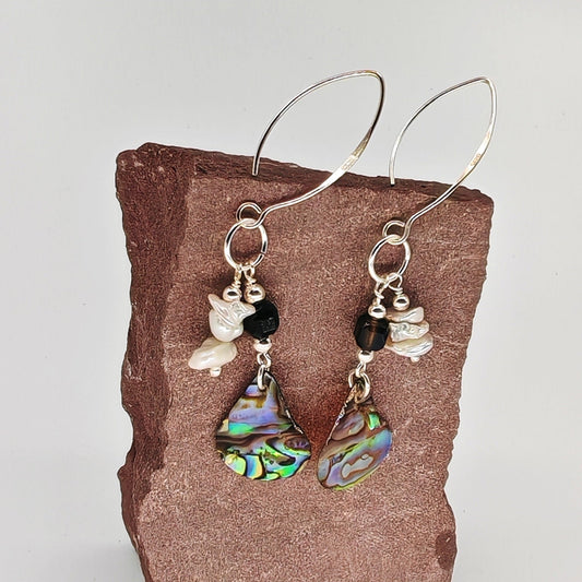 Sterling silver dangle earrings with white baroque pearl, black ice obsidian, and abalone shell