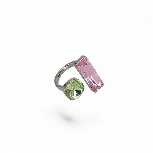 Brass ring with pink rectangular and green pear-shaped Austrian Crystal stones