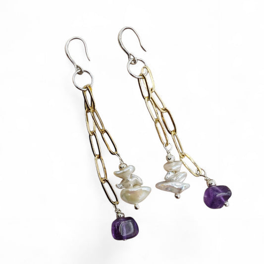 Close-up of baroque pearls and amethyst beads