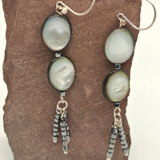 Large sterling silver dangle earrings with mother-of-pearl and black spinel
