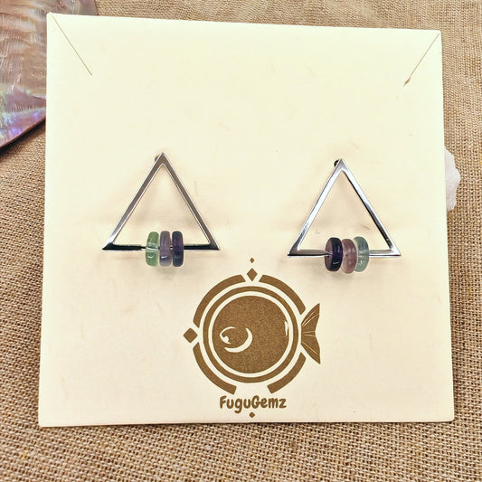 Triangular earrings on a FuguGemz branded card with a textured background