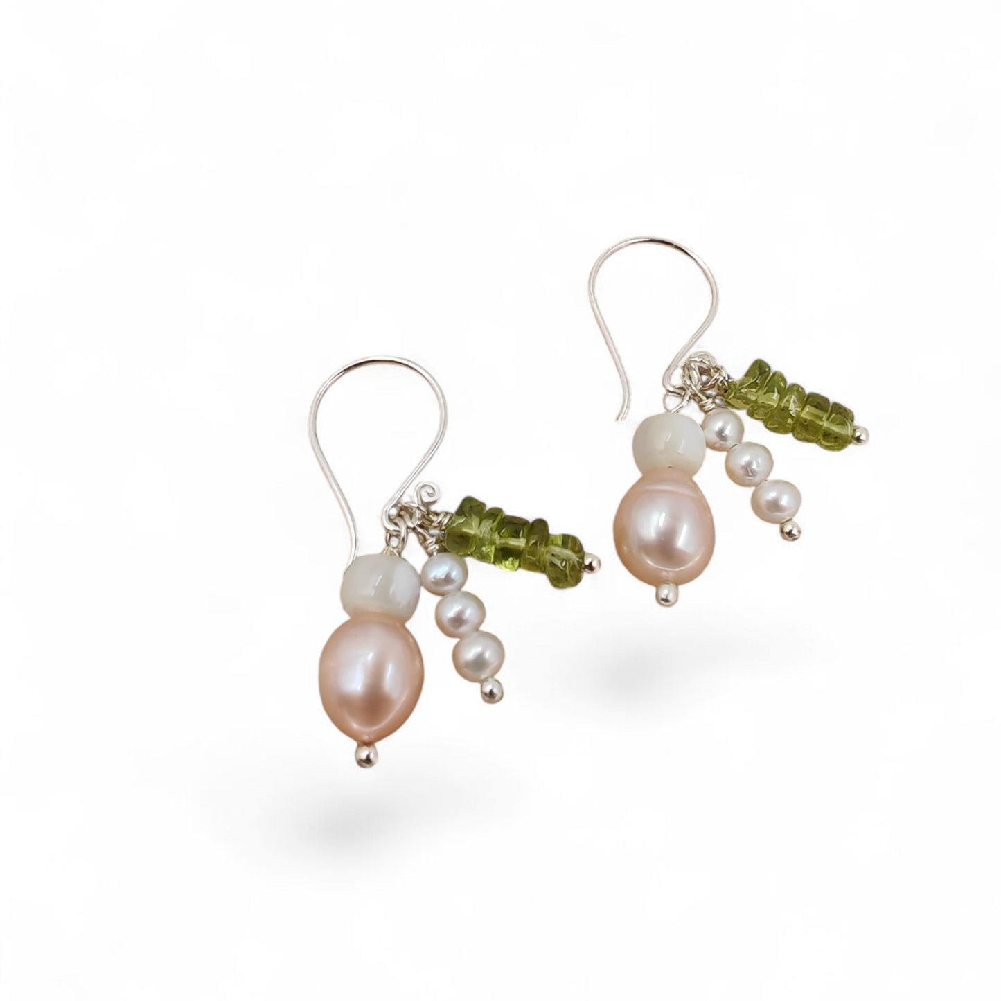 925 sterling silver hook earrings with peridot, cultured pearls, and shell