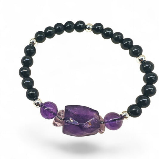 18cm bracelet with 925 sterling silver, 6.3mm obsidian beads, and large amethyst stone