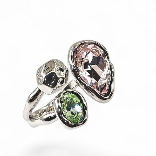 Double Austrian crystal ring with pink and green stones, silver-plated brass