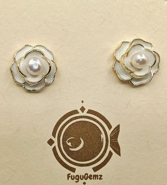 Brass double-petal flower earrings with mother-of-pearl and 5mm centre pearl