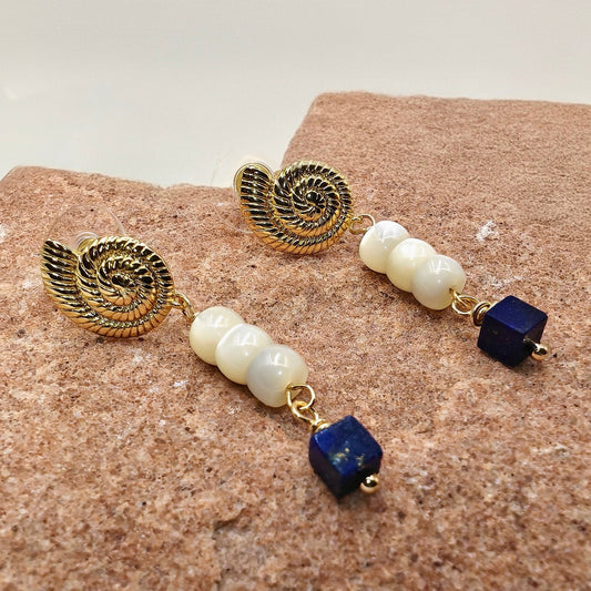 14K gold-plated nautilus earrings with triple 5mm shell beads and 4.5mm lapis cube