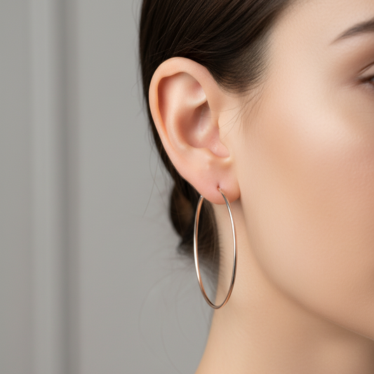 Close-up of a person wearing gold hoop earrings against a neutral background