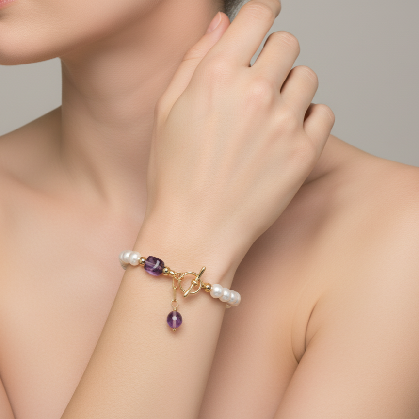 Pearl & Amethyst Bracelet – with 14k Gold-Plated Clasp