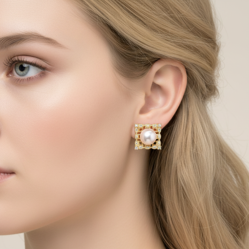 Woman wearing brass and pearl earrings on ears