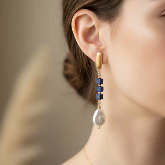 Woman wearing gold and gemstone earrings on ears