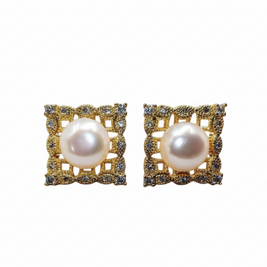 Brass earrings with silver needle, square lattice design, inlaid zirconia, and 7.5mm pearl