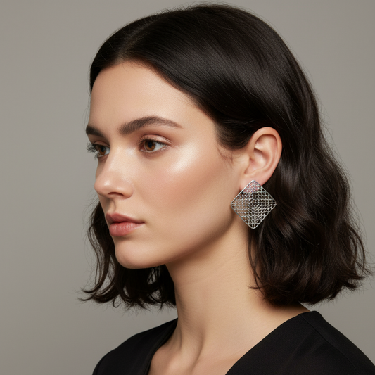 Woman wearing geometric mesh earrings with natural makeup and loose hair