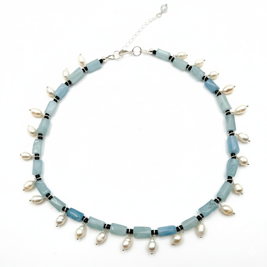 48cm necklace with aquamarine, obsidian, and freshwater pearls on white background