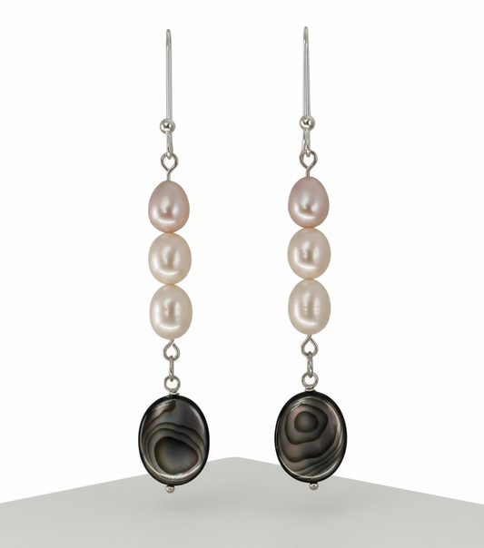 Pair of pearl and shell drop earrings on a white background