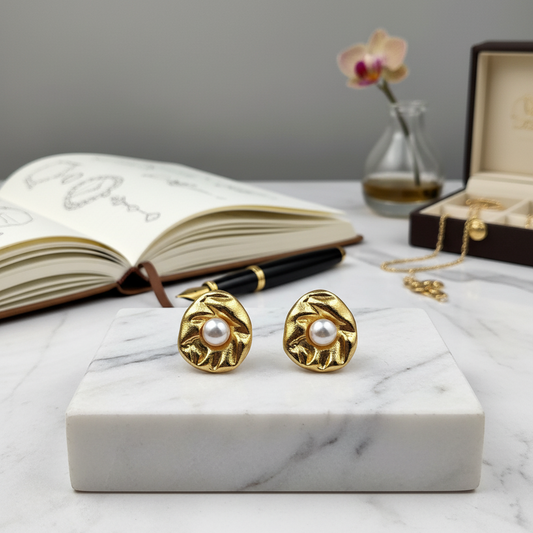 Gold earrings with pearls on a marble surface next to an open book and a vase.