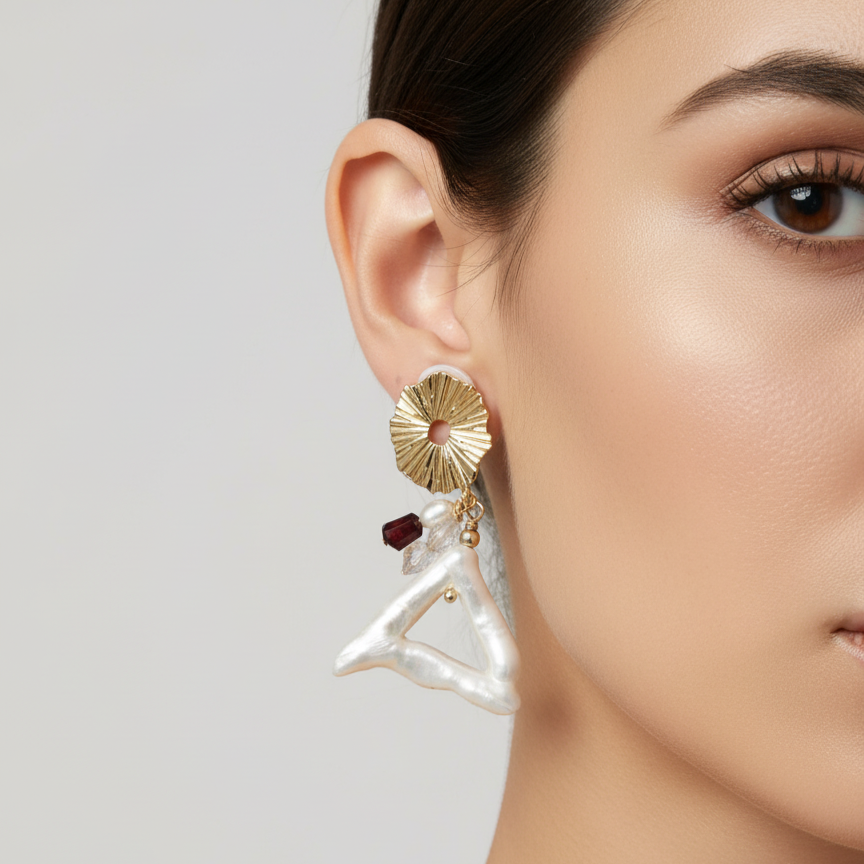 Close-up of a woman wearing a gold and pearl earring on a plain background