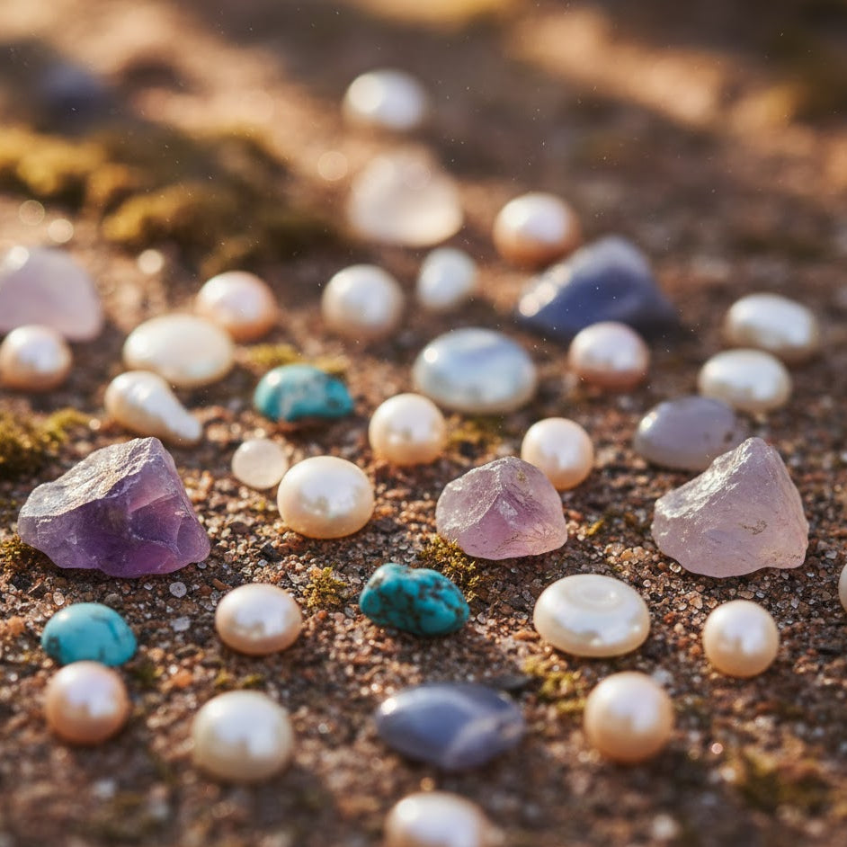 Collection of irregular shaped semi-precious gemstones and baroque pearls showcasing natural organic beauty