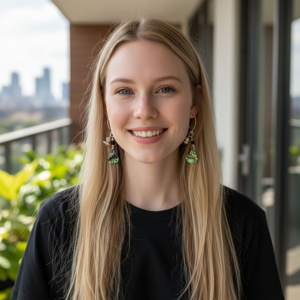 Woman wearing silver baroque pearl, obsidian, and abalone earrings with long blonde hair