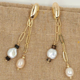 Earring stud dangle with 14K gold-plated chain, 7.5mm pearl, 9.5mm baroque pearl, and black agate