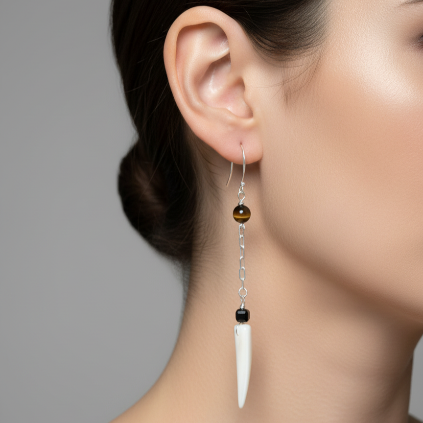 Large 925 Sterling Silver Hook Earrings – Tiger Eye, Black Agate & Shell Tiger Tooth