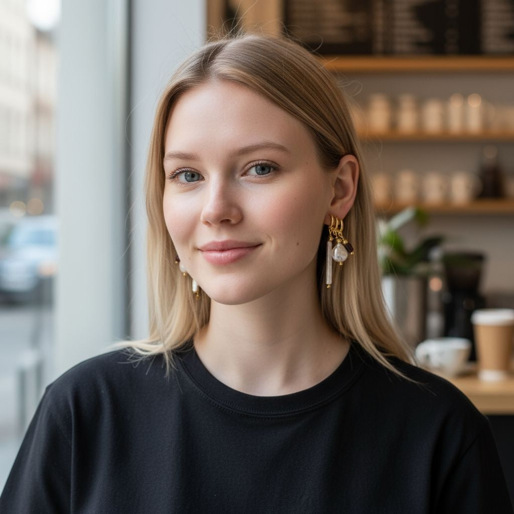 Woman wearing silver needle dangle earrings with baroque pearls and garnet