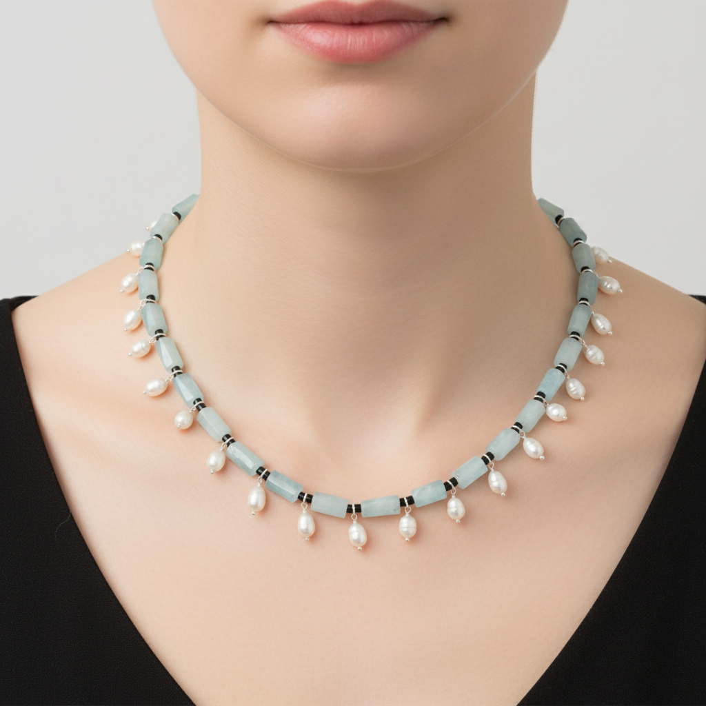 Pearl necklace on a mannequin with a plain background