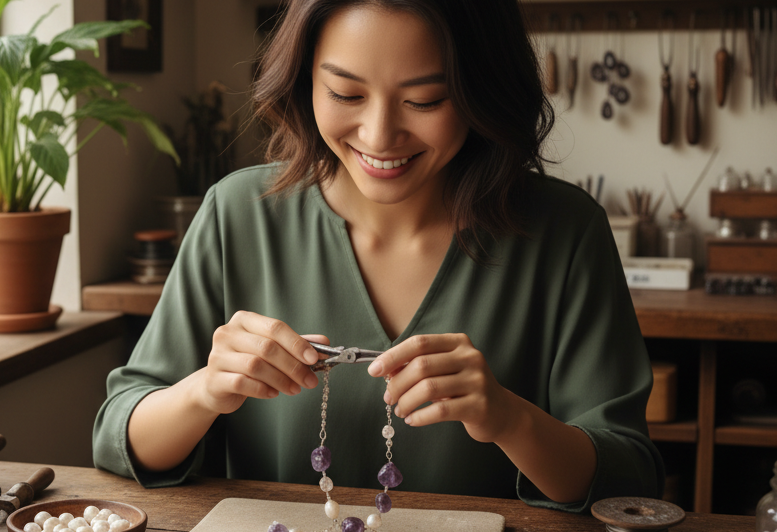 Woman making jewellery in a Fugugemz workshop with various materials and tools around her.