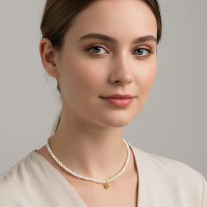 Woman wearing a pearl necklace against a neutral background