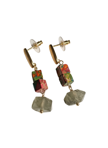 Pair of earrings with jasper beads and gold accents on a white background