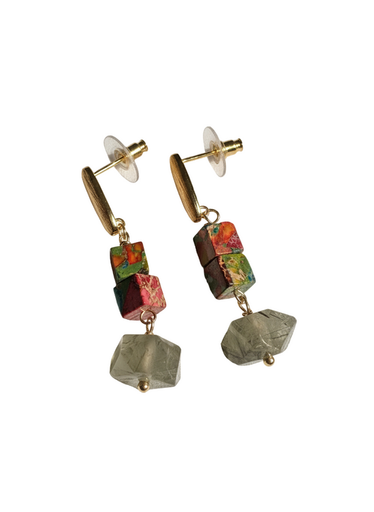 Pair of earrings with jasper beads and gold accents on a white background