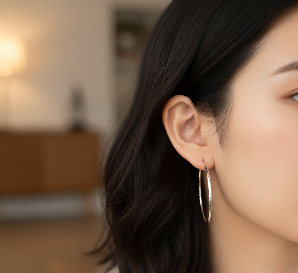 Woman wearing 50mm sterling silver hammered hoop earrings with natural makeup and loose hair