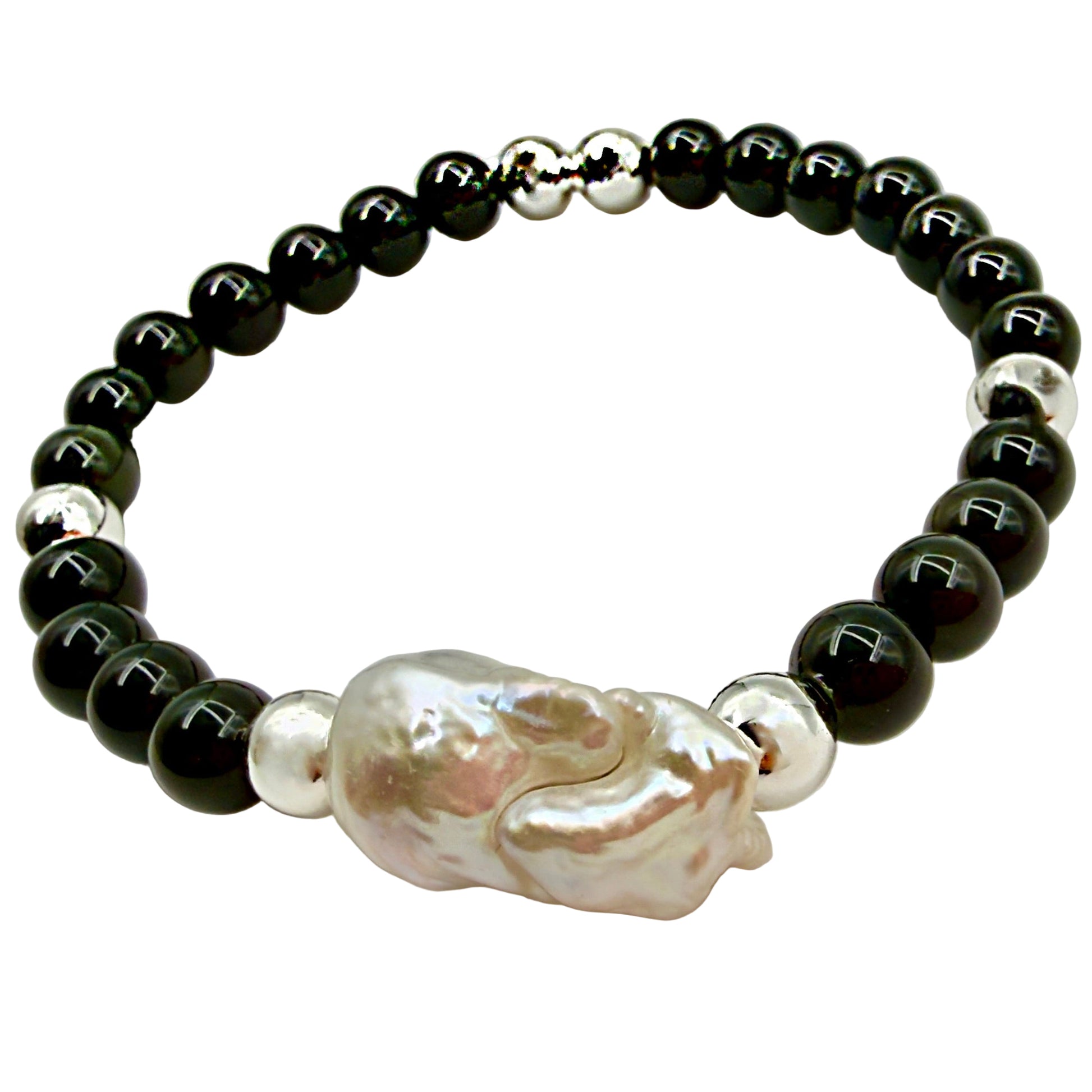 Image showing the full length of the obsidian and pearl beaded bracelet.