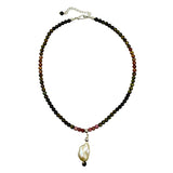 Tourmaline and baroque pearl necklace in 925 sterling silver on white background