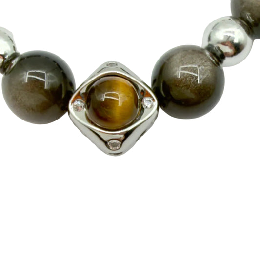 Close-up of faceted tiger eye centerpiece and silver bezel details