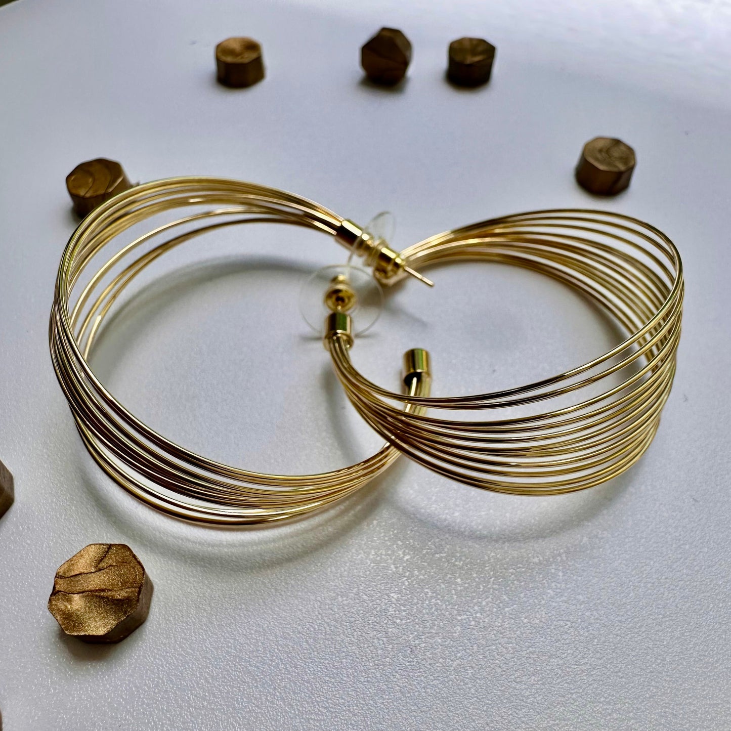 44mm multi-layer hoop earrings with polished gold finish and 925 sterling silver needle
