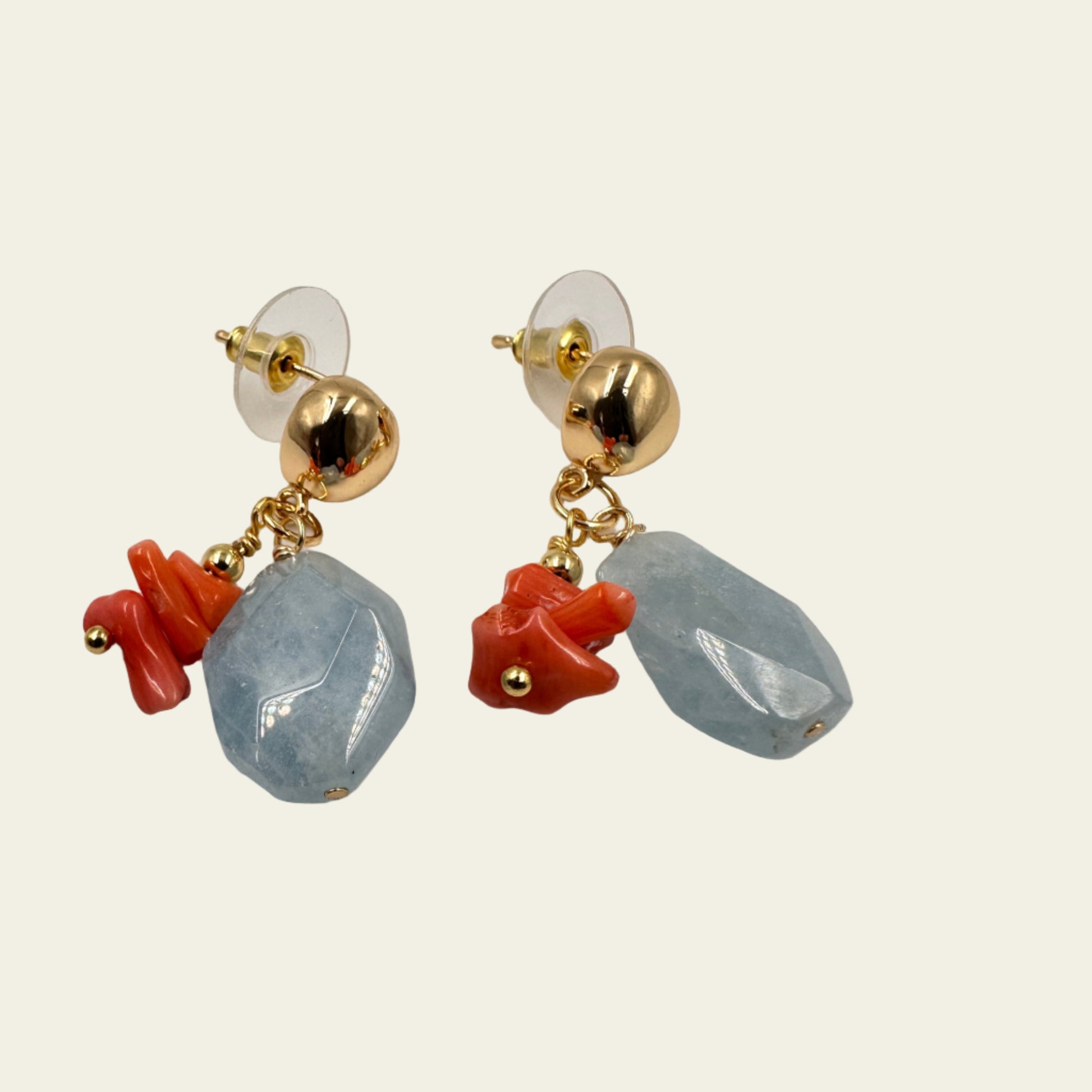 14K gold-plated earrings with 16x11mm aquamarine and 3 coral beads
