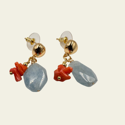 14K gold-plated earrings with 16x11mm aquamarine and 3 coral beads
