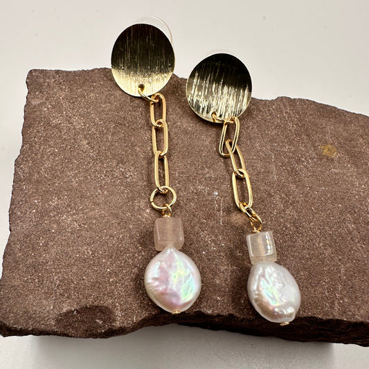 14K gold-plated dangle earrings with 4.5mm pink quartz and 9.5mm baroque pearl