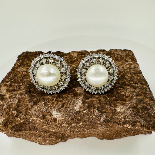 Floral freshwater pearl stud earrings with silver-tone lace setting and zirconia inlays 