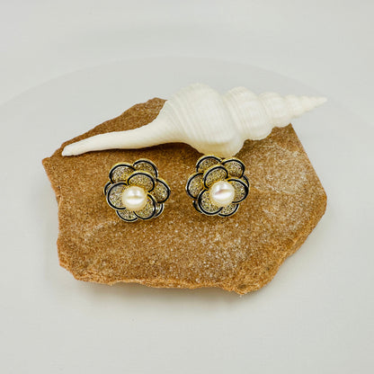 Pearl & zirconia scattered flower stud earrings with gold-tone floral design and 925 sterling silver posts