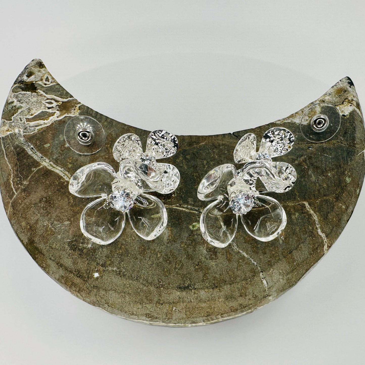 Resin flower stud earrings with clear zirconia centre and silver metal base on 925 sterling silver post
