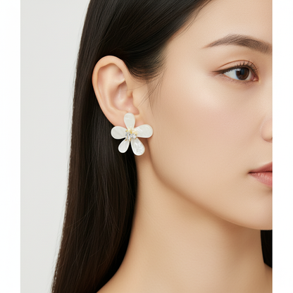 Flower-shaped earring worn by a model on a white background